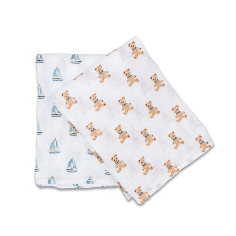 2-pack Cotton Swaddles - Vintage Teddy / Sailboats