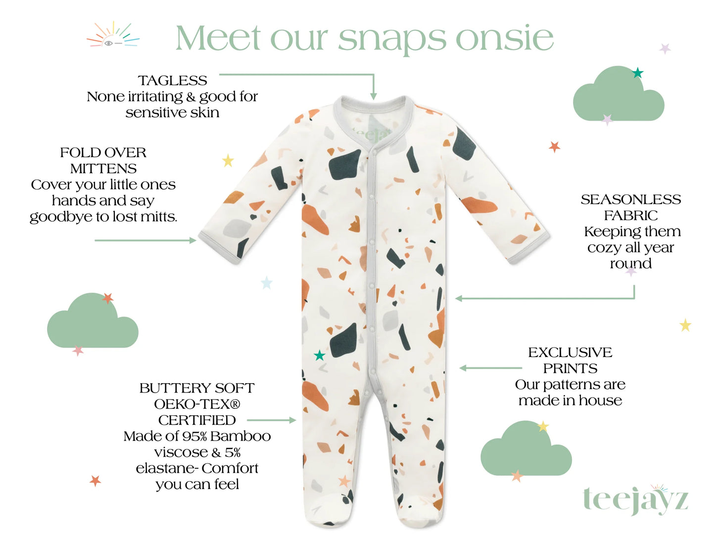 Terrazzo Snaps Onesie OEKO TEX® Bamboo Light Steel Blue
