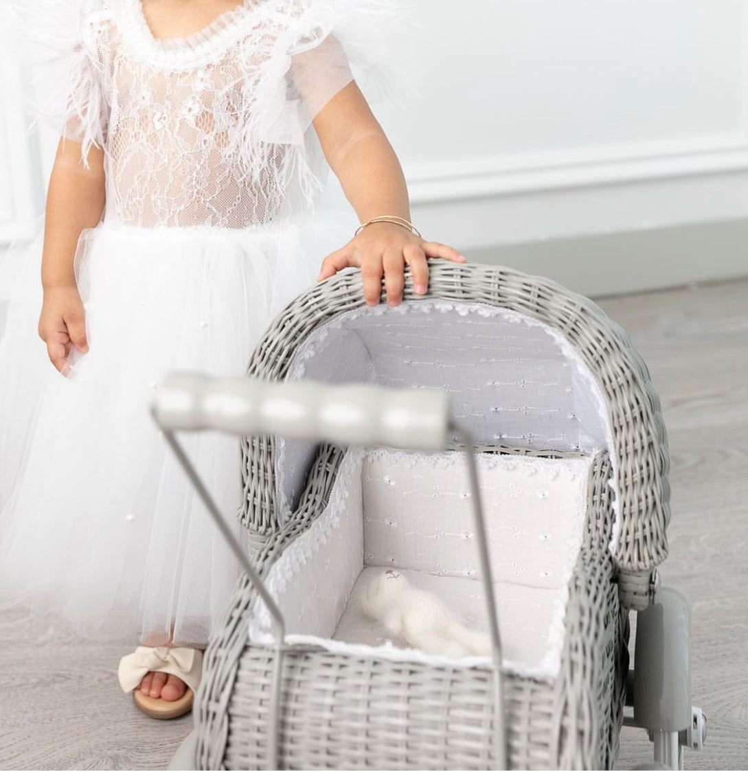 Doll Wicker Pram Small Grey