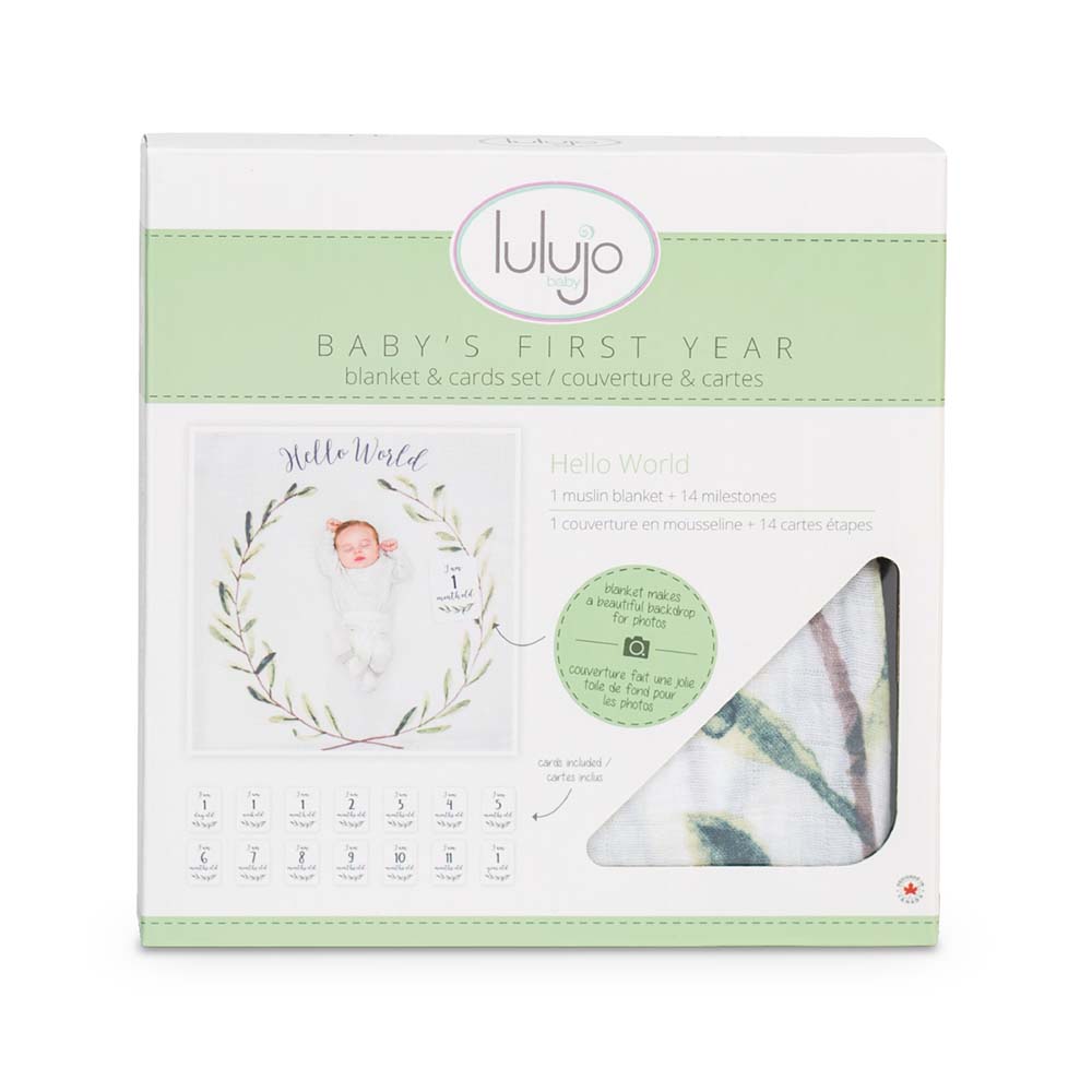 Lulujo -Baby's First Year Blanket & Cards Set -Hello World
