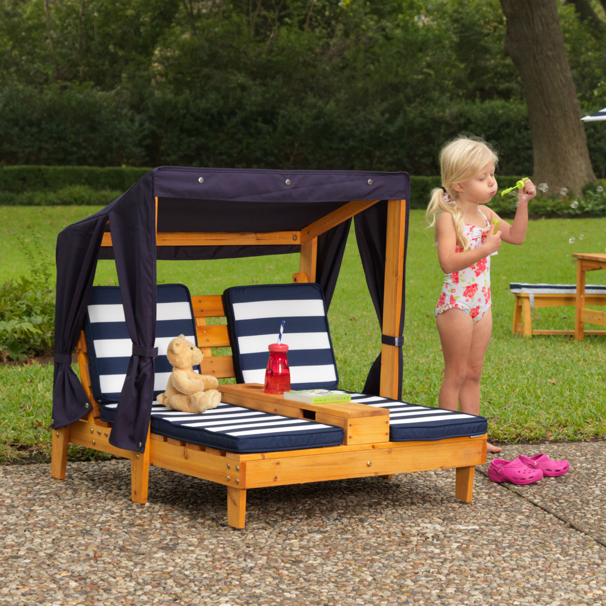 Double Chaise Lounge With Cup Holders - Honey & Navy