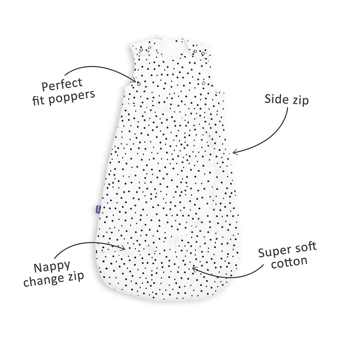 SnuzPouch Sleeping Bag, 2.5 Tog - Mono Spot, 0-6M