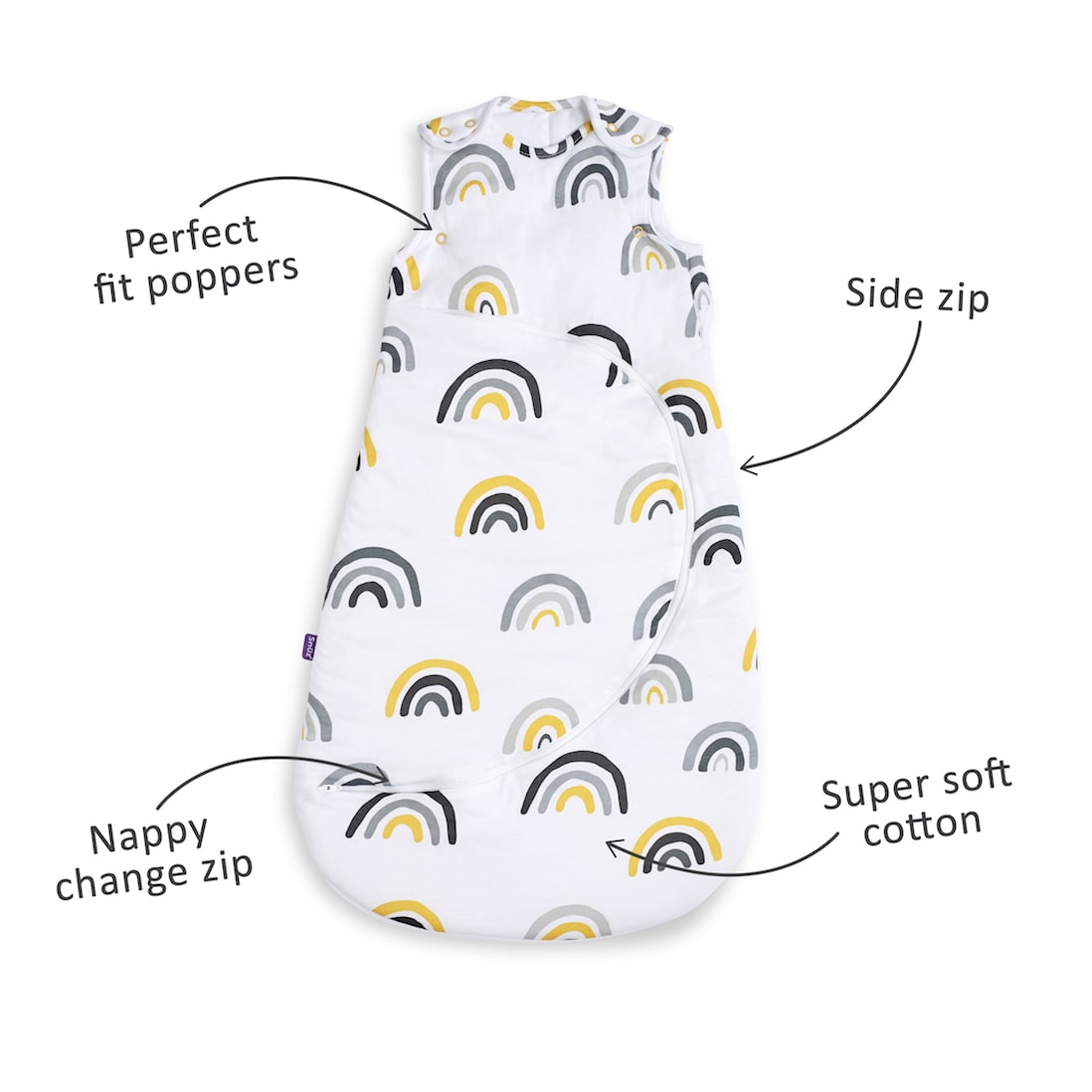 SnuzPouch Sleeping Bag, 2.5 Tog - Mustard Rainbow, 0-6M