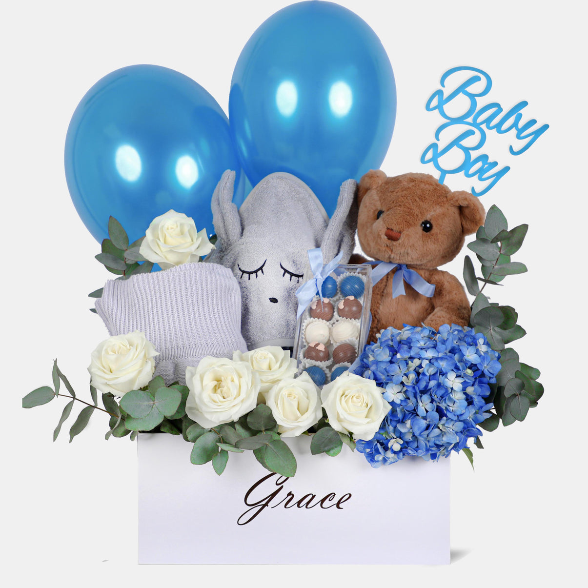 Baby Hamper with Teddy Bear, Bunny towel, Blanket, NJD Chocolate Truffles and Balloons