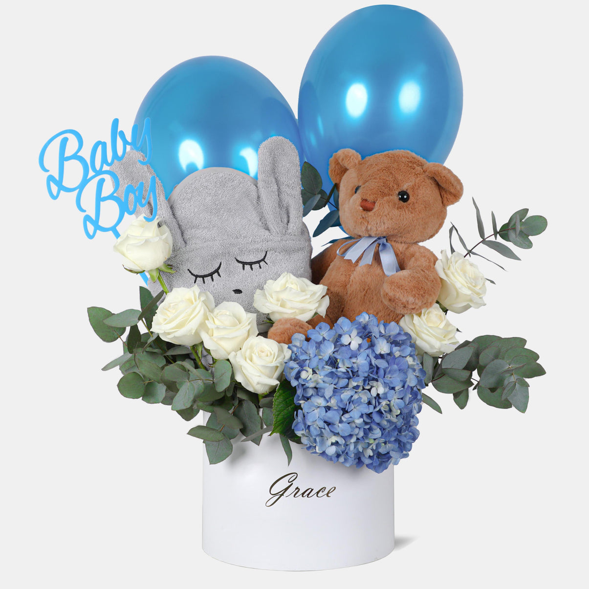 Baby Hamper with Teddy Bear and Bunny Towel and Balloons