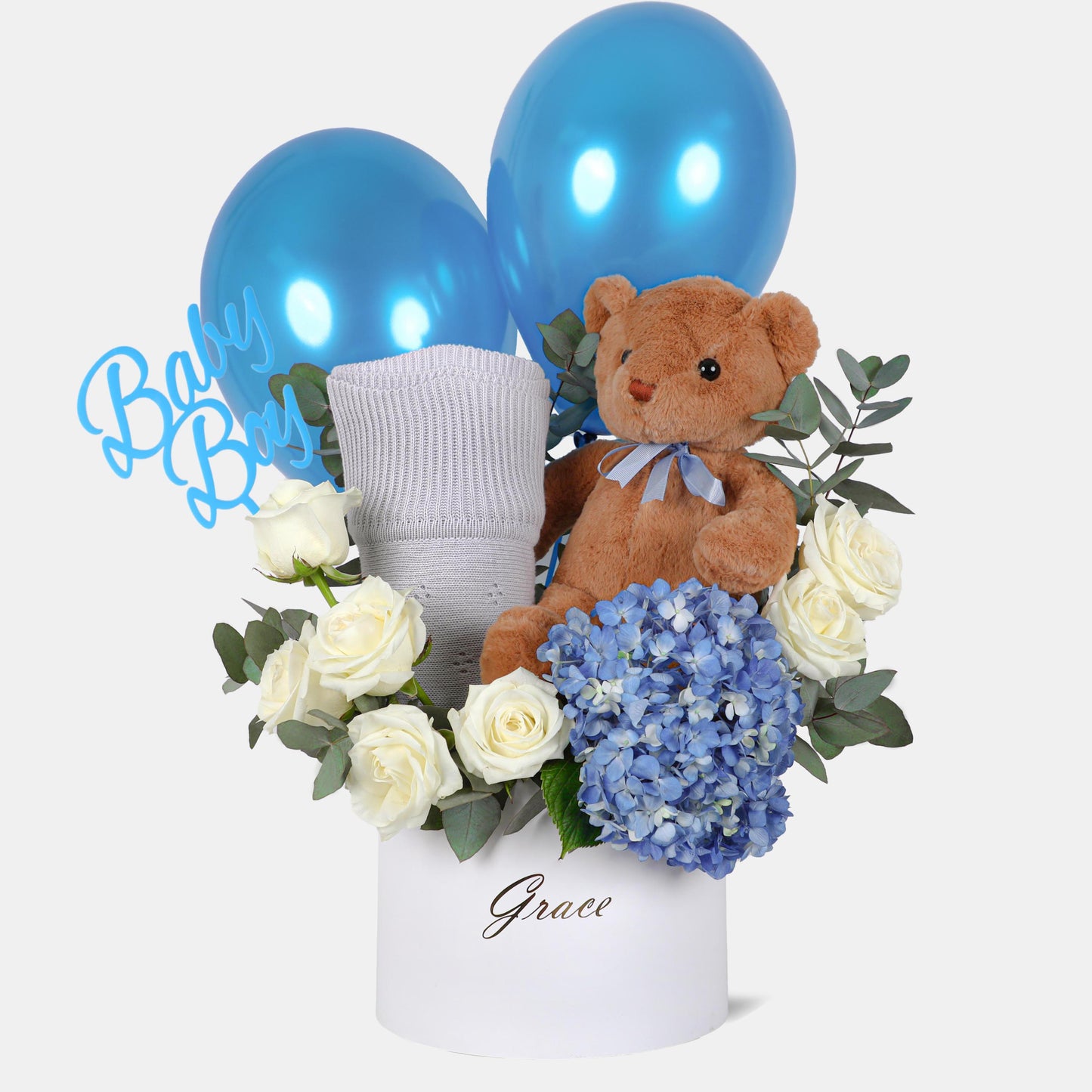 Baby Hamper with Teddy Bear and Baby Blanket and Balloons