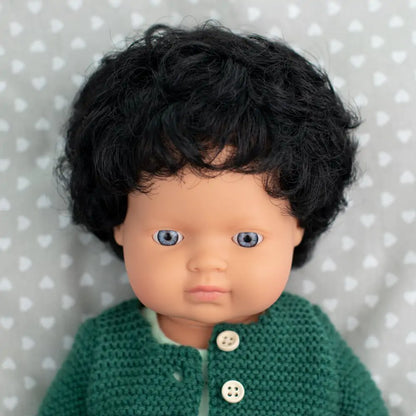 Baby doll caucasian curly black hair boy 38cm