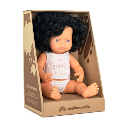 Baby doll caucasian curly black hair girl 38cm