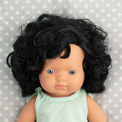 Baby doll caucasian curly black hair girl 38cm