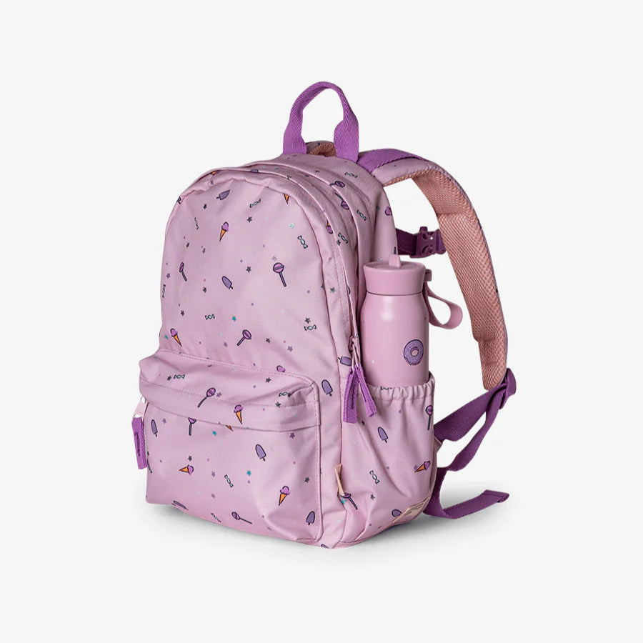 Pink backpack with purple accents and a water bottle on a white background