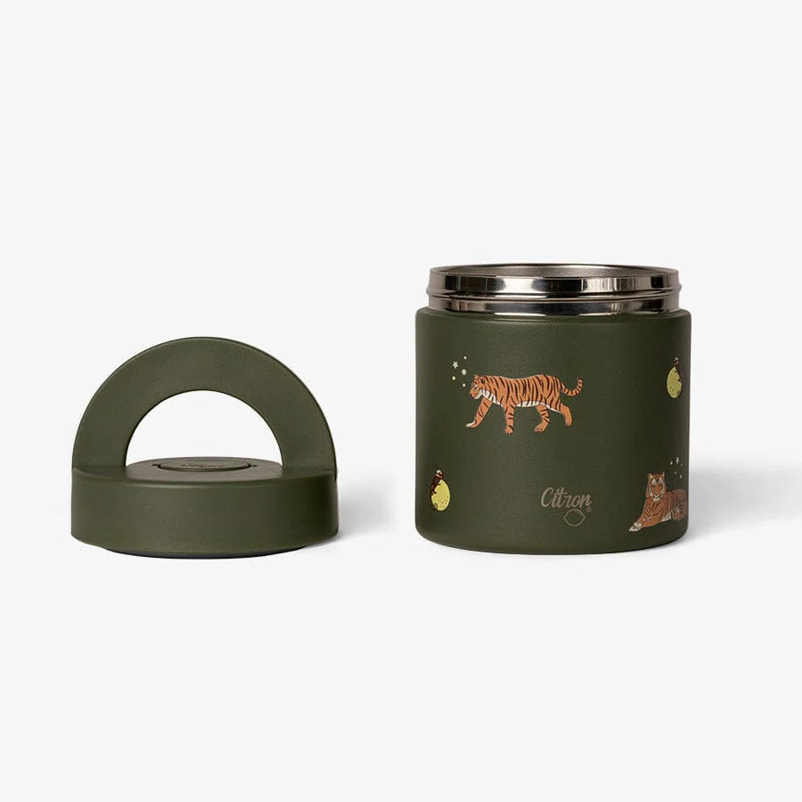 Green thermos with tiger design on a white background