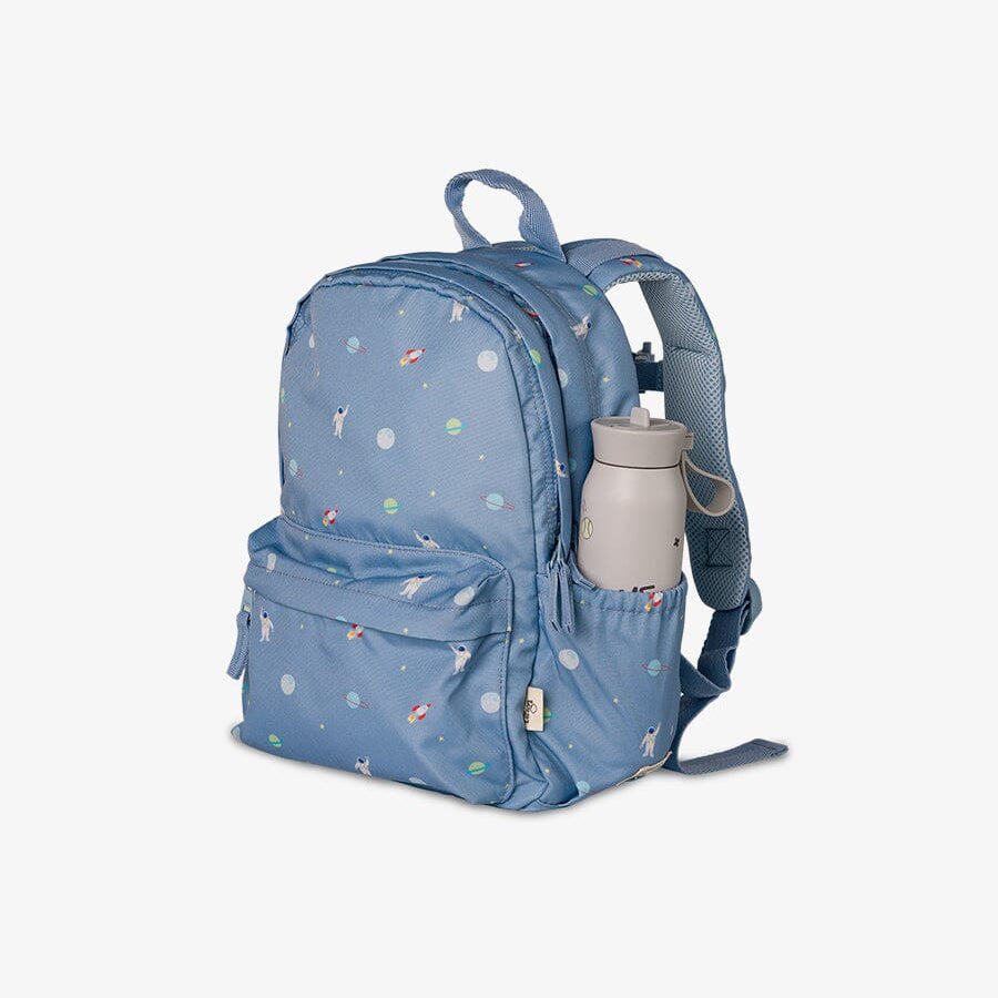 Blue backpack with colorful patterns on a white background
