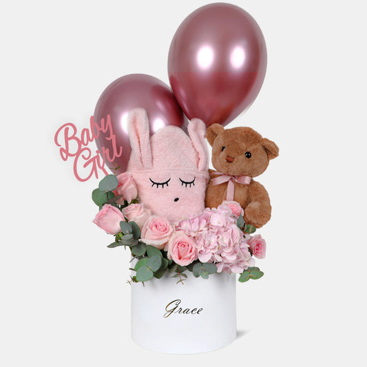 Baby Hamper with Teddy Bear and Bunny Towel and Balloons