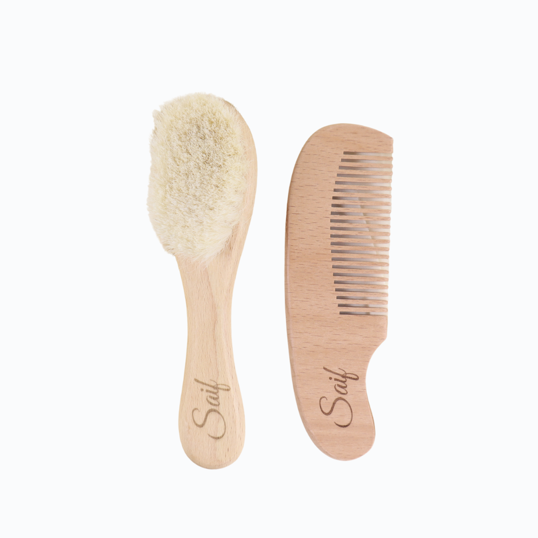 Personalized Natural Baby Wooden Hair Brush Set Brown