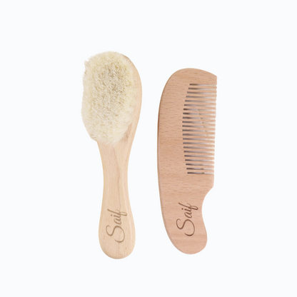 Personalized Natural Baby Wooden Hair Brush Set Brown