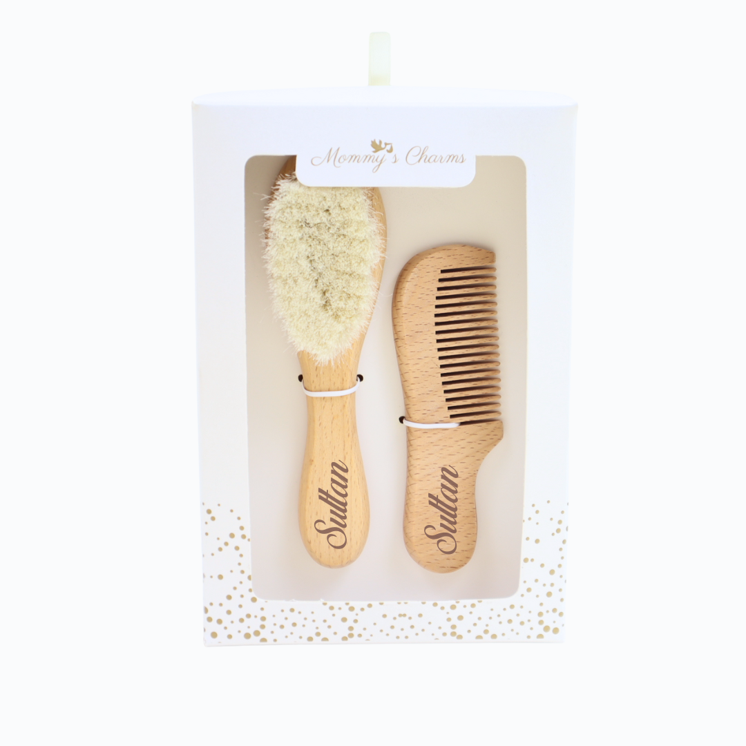 Personalized Natural Baby Wooden Hair Brush Set Brown