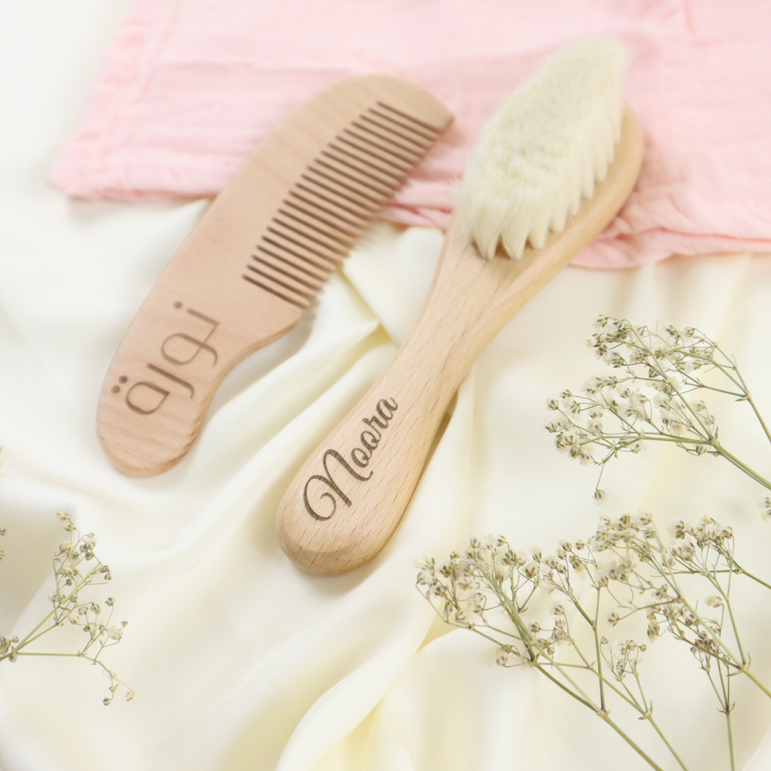 Personalized Natural Baby Wooden Hair Brush Set Brown