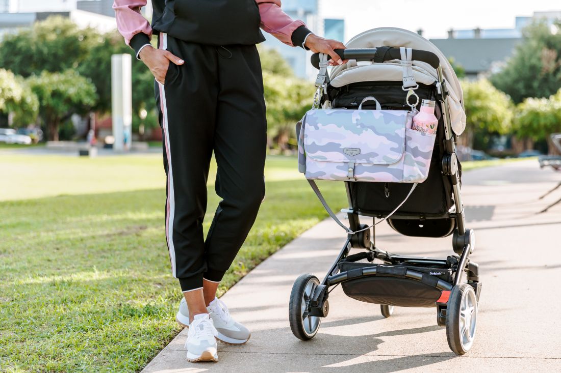 Stroller Diaper Bag Caddy With Free Stroller Clips And Changing Mat Blush Camo Print
