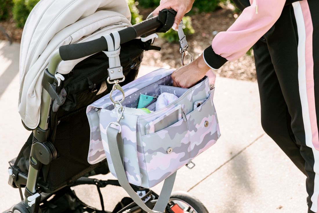 Stroller Diaper Bag Caddy With Free Stroller Clips And Changing Mat Blush Camo Print