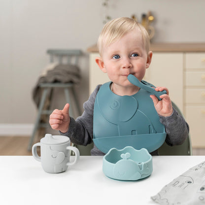 Silicone Stick&Stay Bowl & Baby Spoon Wally Blue
