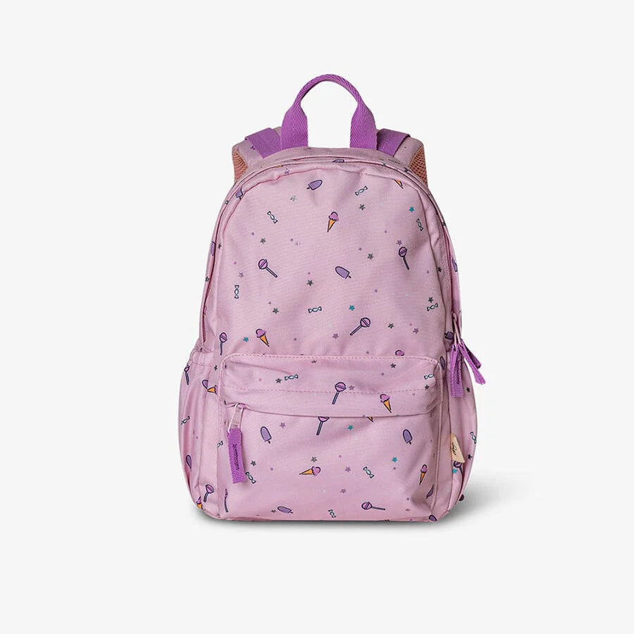 Pink backpack with ice cream pattern on a white background