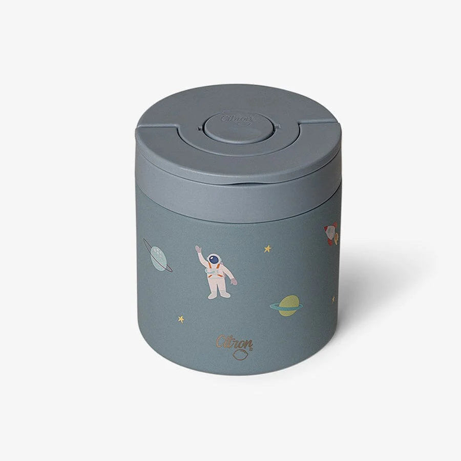 Gray cylindrical container with space-themed illustrations on a white background