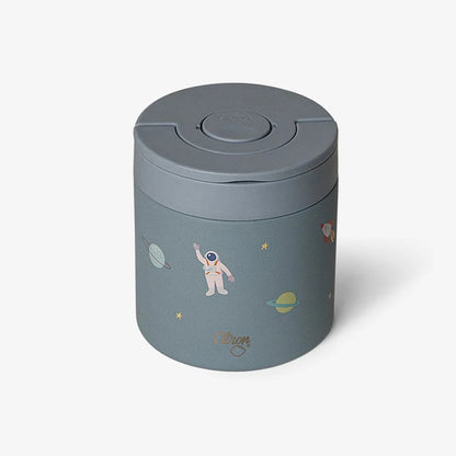 Gray cylindrical container with space-themed illustrations on a white background