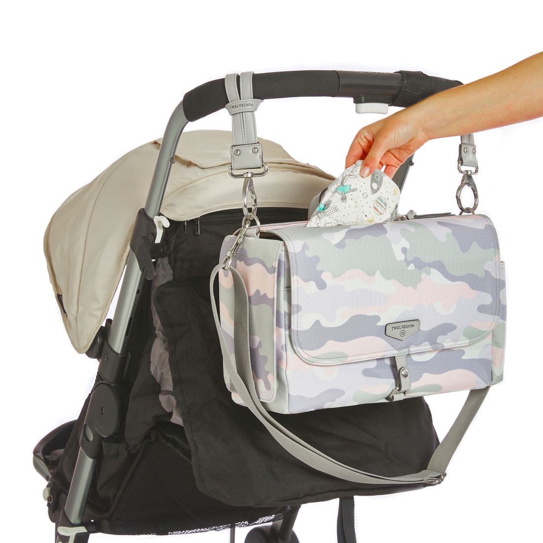 Stroller Diaper Bag Caddy With Free Stroller Clips And Changing Mat Blush Camo Print