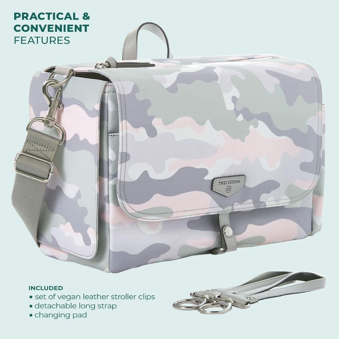 Stroller Diaper Bag Caddy With Free Stroller Clips And Changing Mat Blush Camo Print