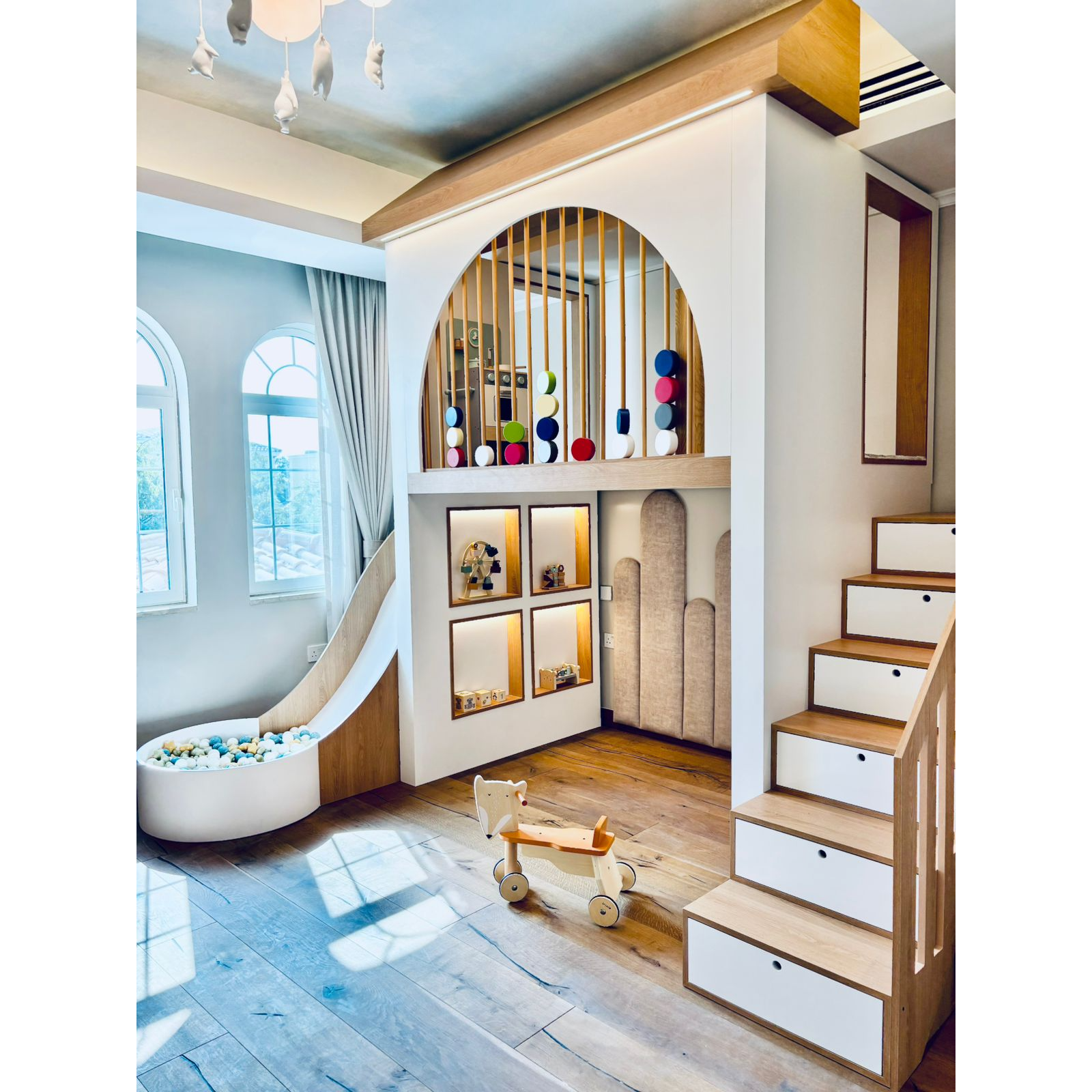 Customised Kids Play Loft with Slide, Storage Steps, and Display Shelv ...