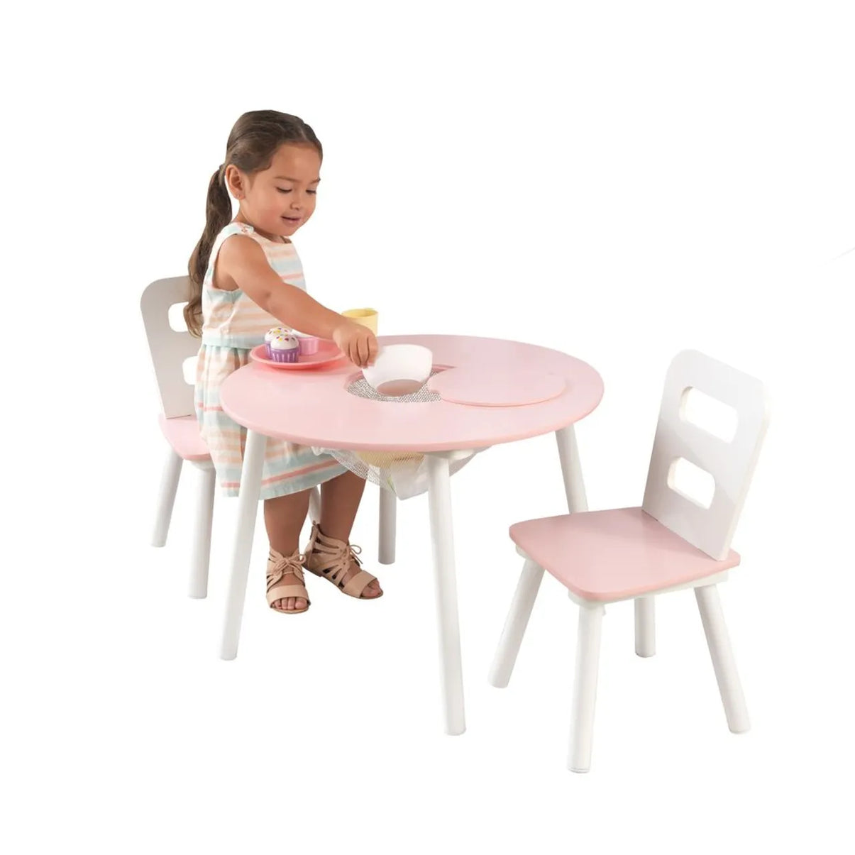 Round Storage Table & 2 Chair Set- White & Pink