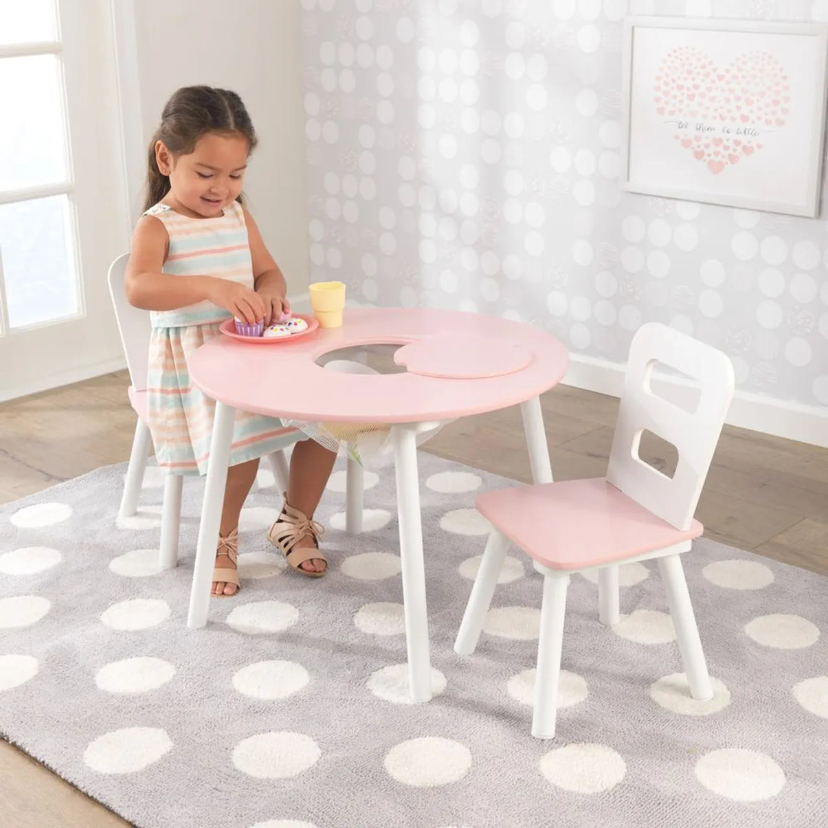 Round Storage Table & 2 Chair Set- White & Pink