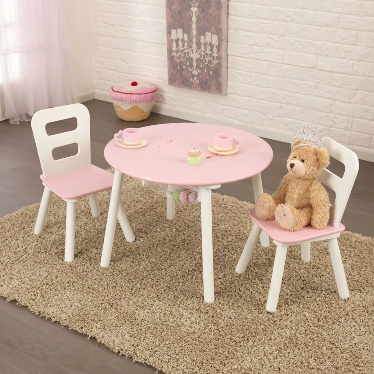 Round Storage Table & 2 Chair Set- White & Pink