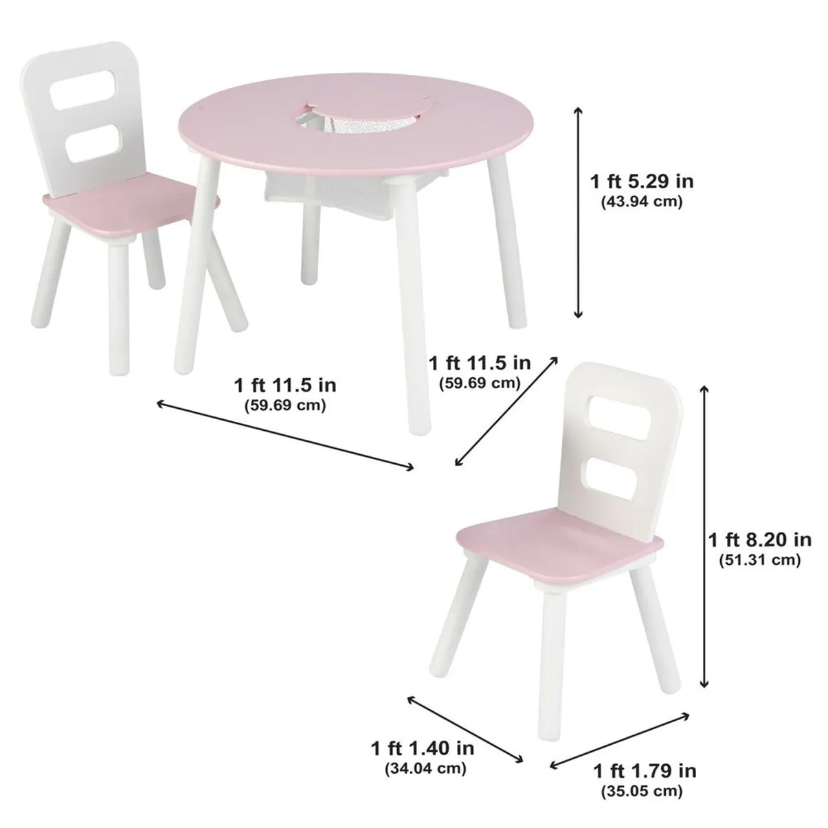 Round Storage Table & 2 Chair Set- White & Pink
