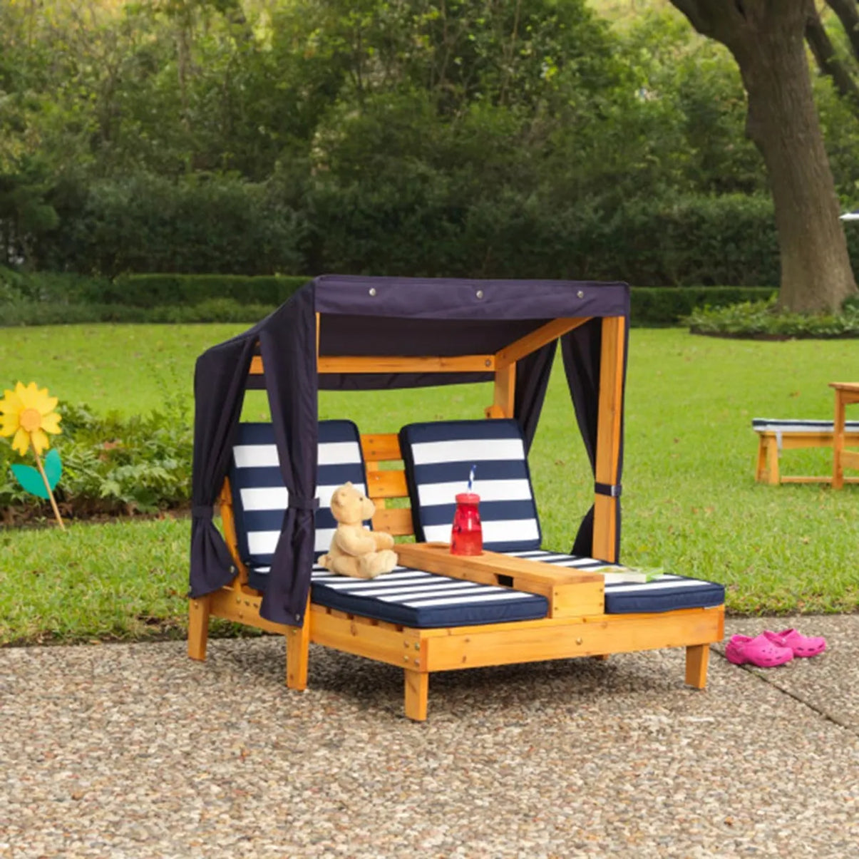 Double Chaise Lounge With Cup Holders - Honey & Navy