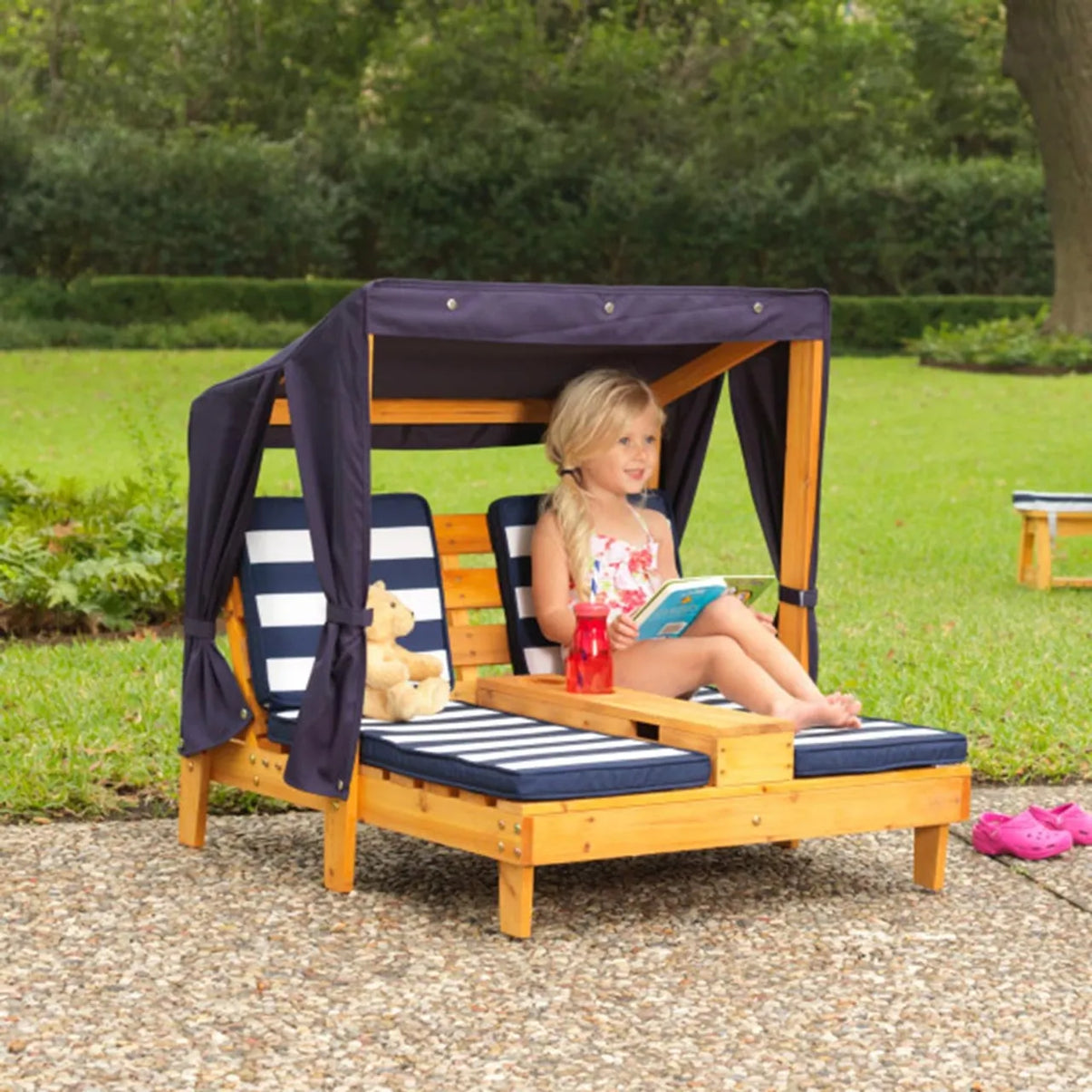 Double Chaise Lounge With Cup Holders - Honey & Navy