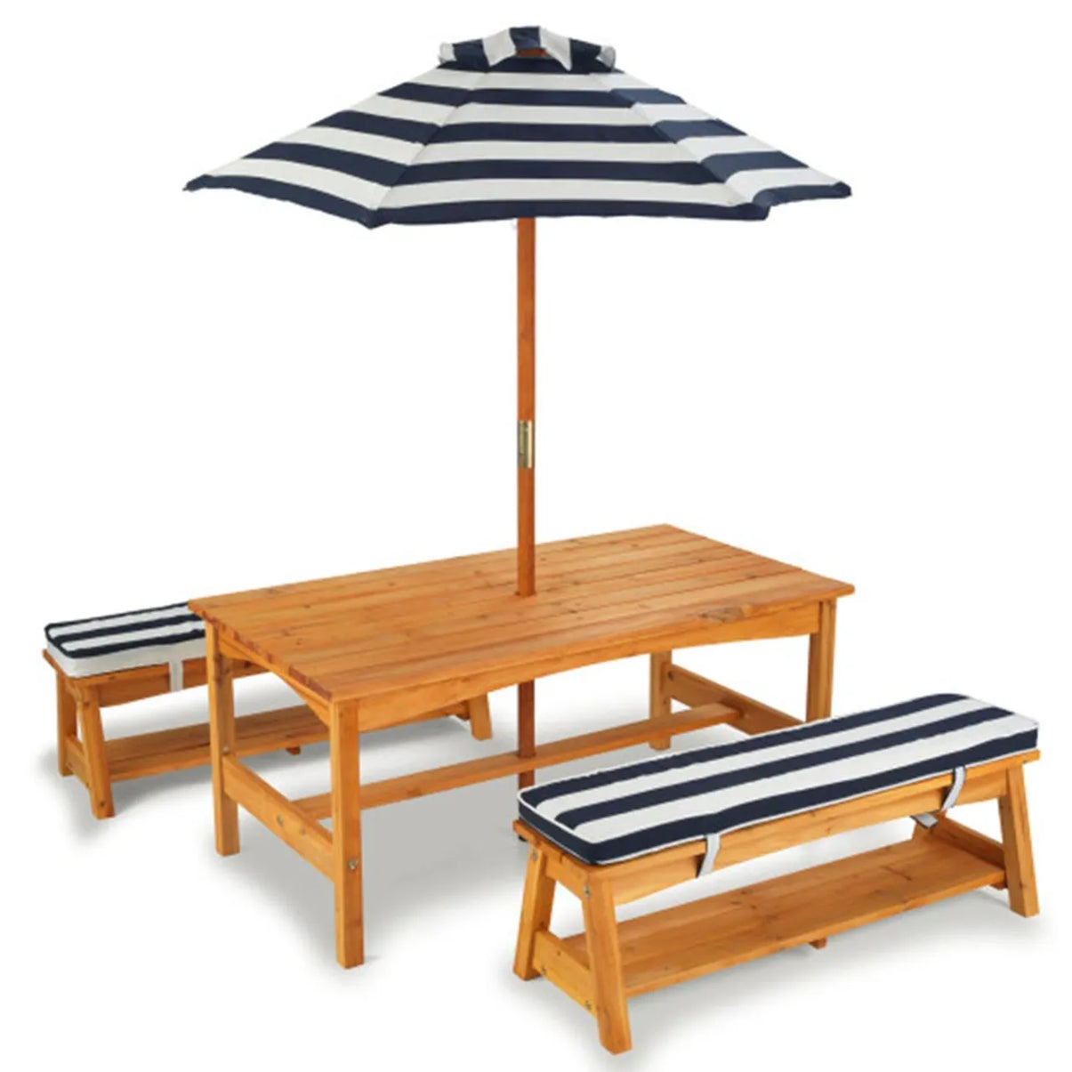 Outdoor Table & Bench Set With Cushions & Umbrella - Navy & White Stripes