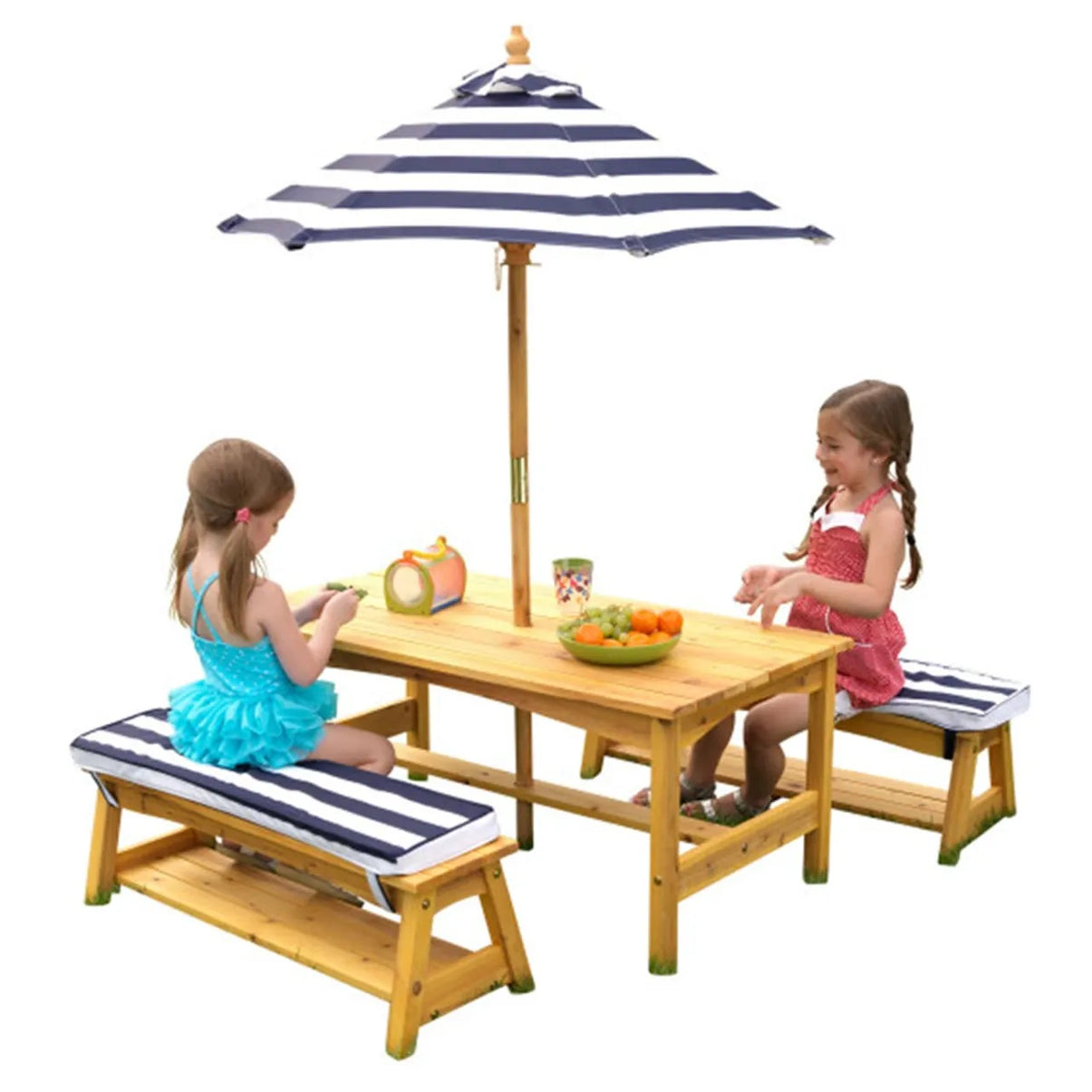 Outdoor Table & Bench Set With Cushions & Umbrella - Navy & White Stripes
