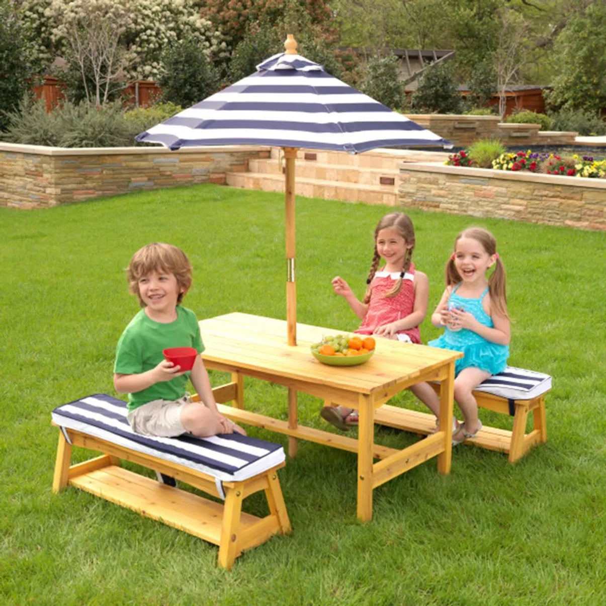 Outdoor Table & Bench Set With Cushions & Umbrella - Navy & White Stripes