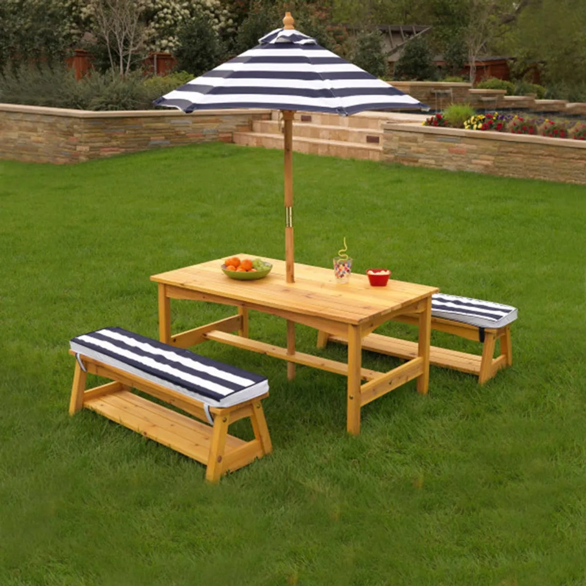 Outdoor Table & Bench Set With Cushions & Umbrella - Navy & White Stripes