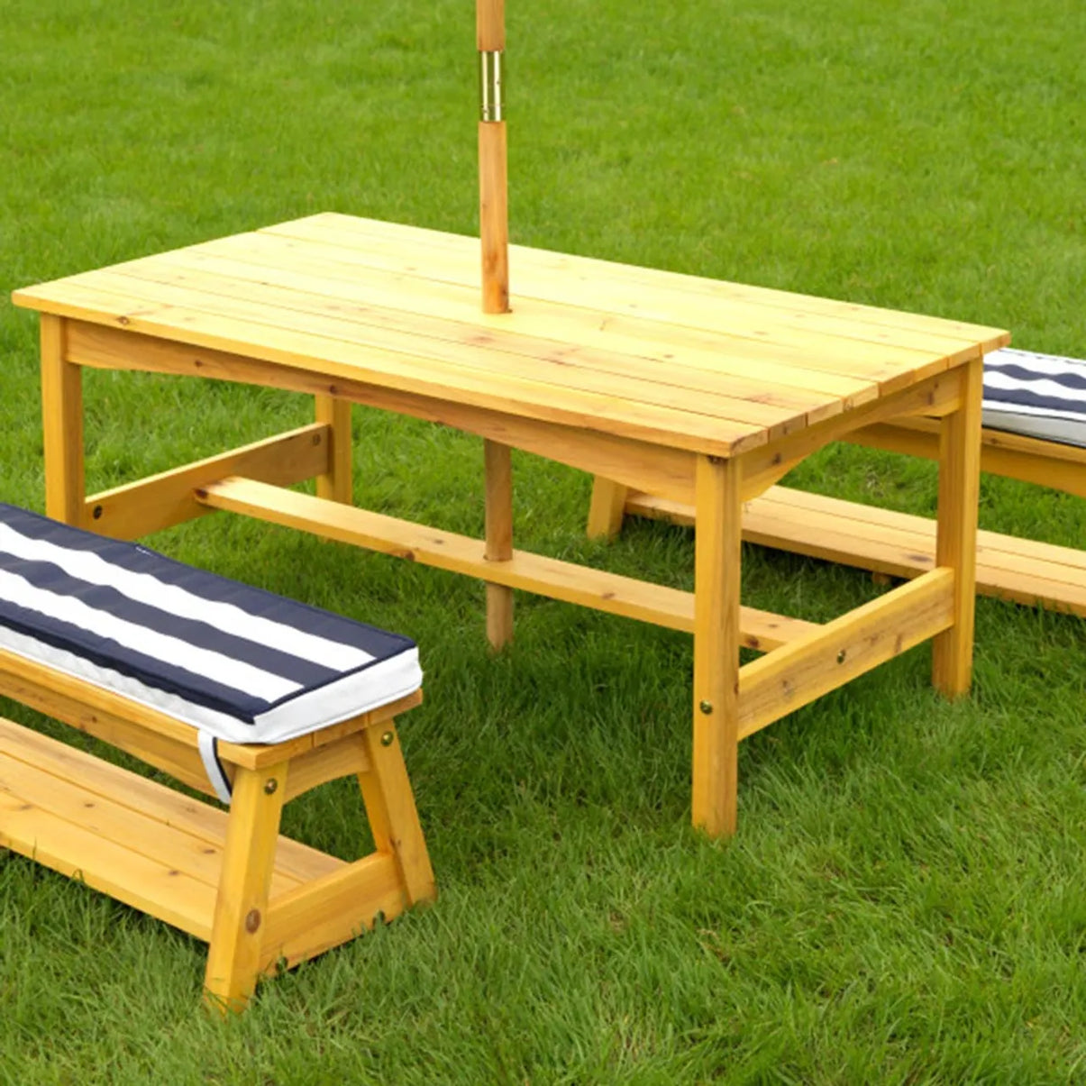 Outdoor Table & Bench Set With Cushions & Umbrella - Navy & White Stripes