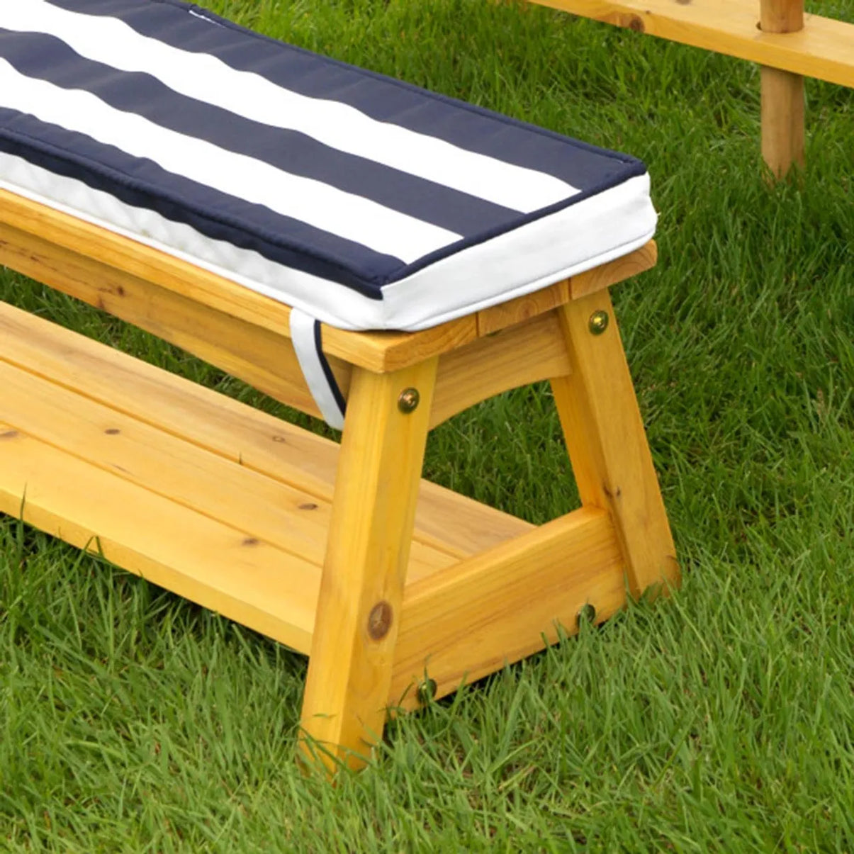 Outdoor Table & Bench Set With Cushions & Umbrella - Navy & White Stripes