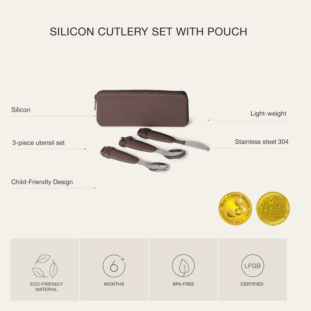Silicone Cutlery Set with Pouch Beige