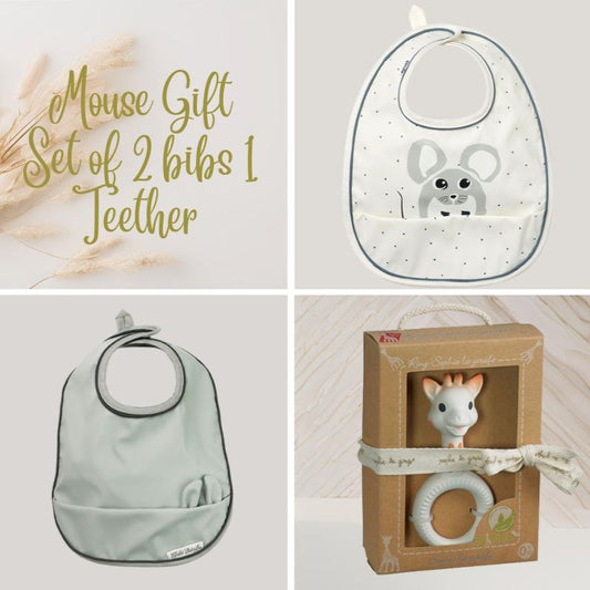 Mouse Gift Set of 2 bibs 1 Teether with Gift Box