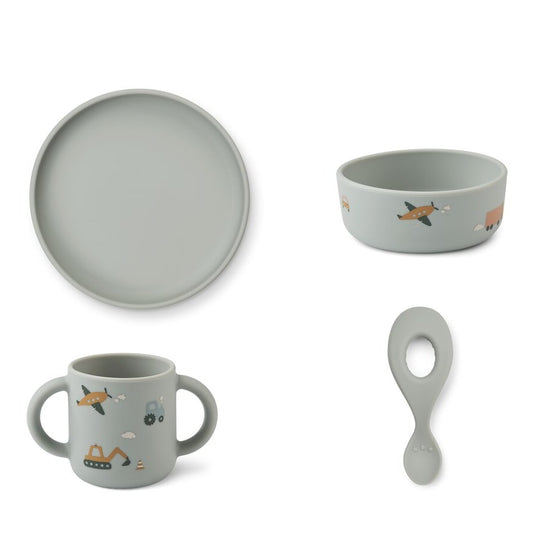 Vivi Printed Tableware Set - Vehicles/dove blue mix