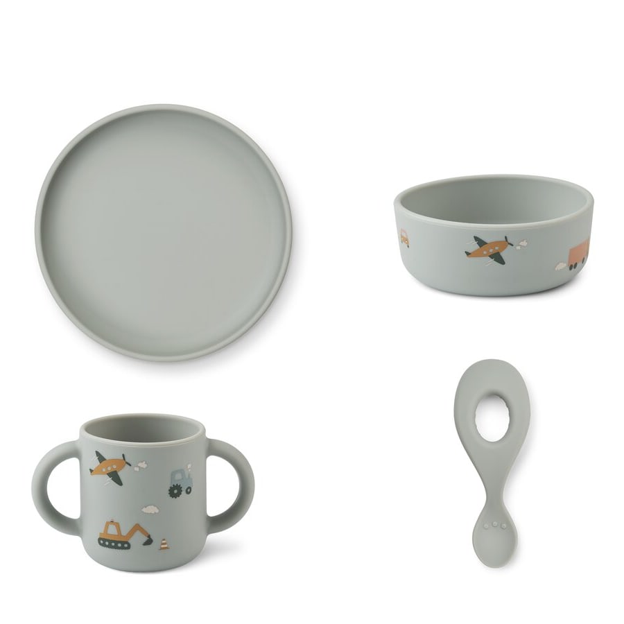 Vivi Printed Tableware Set - Vehicles/dove blue mix