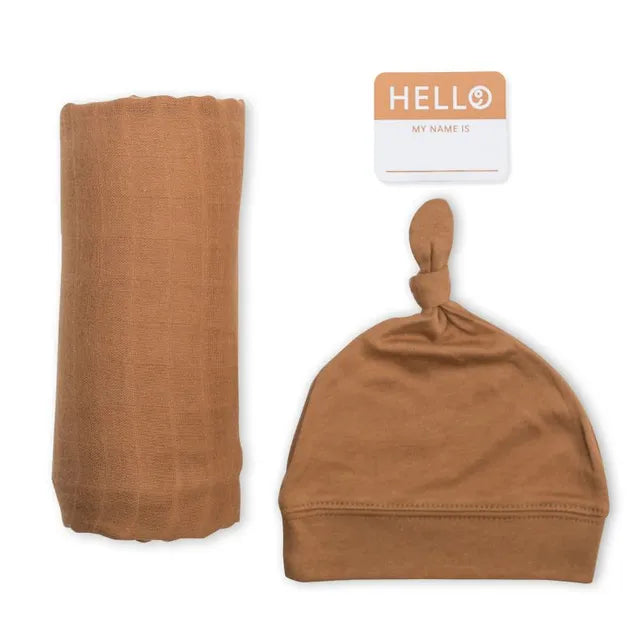 Hello World Set (Bamboo Hat + Swaddle blanket) - Tan