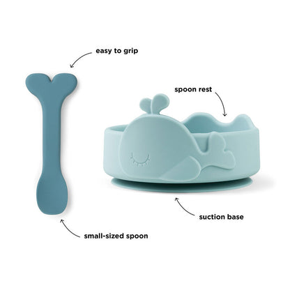 Silicone Stick&Stay Bowl & Baby Spoon Wally Blue