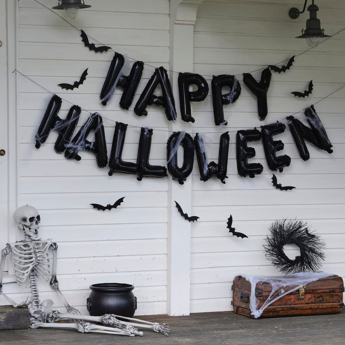 Balloon Bunting - Happy Halloween Black with Webs and Hanging Bats