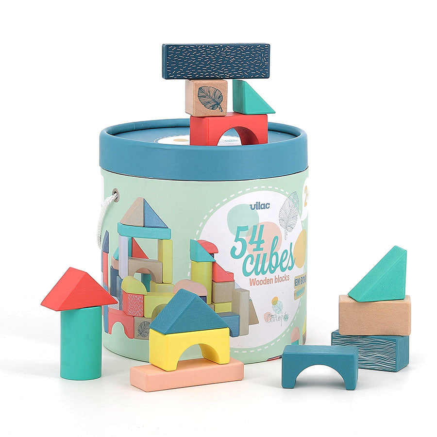 54-Piece Wooden Building Blocks in Barrel